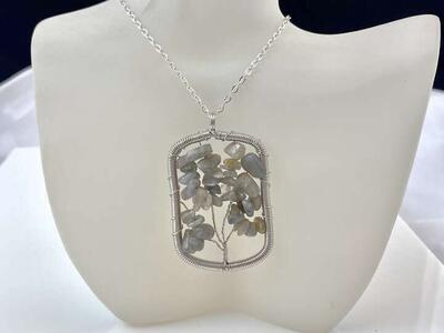 NEW - 2 Inch Natural Labradorite Silver Rectangular Tree of Life Wire Wrap Pendant - Silver Plated Chain C PIX