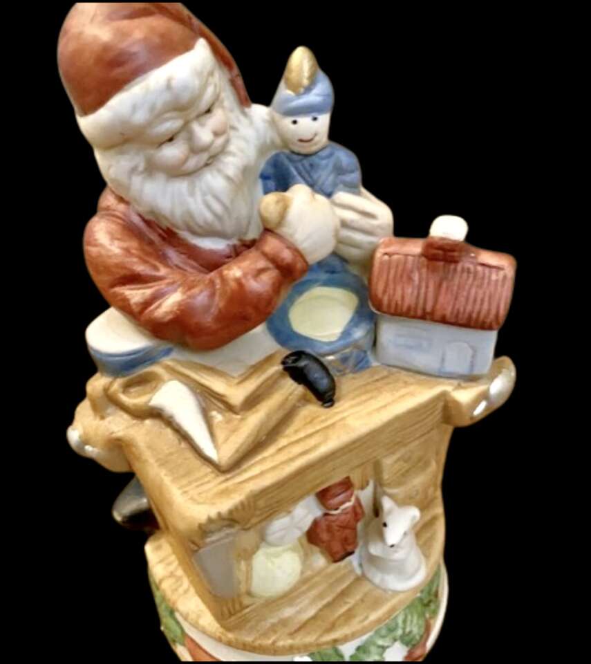 NEW MUSIC BOX - HOMCO VINTAGE Porcelain SANTA IN HIS WORKSHOP- Spins to Jingle Bells - Music Box - See Photos