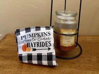 NEW Large 17” Metal Hanging Candle Holder with a Beautiful Towel and A Triple Scented Candle - See Photos