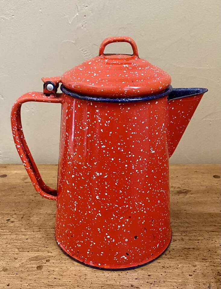Vintage Red w/ White Specks and Blue Trim ENAMEL TEAPOT - 8 inches Tall - Similar is $40 - C PIX