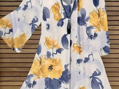NEW - White-Blue-Yellow Floral 3/4 Sleeve Pullover Blouse - SZ 4X - C PICS 4 Measurements.