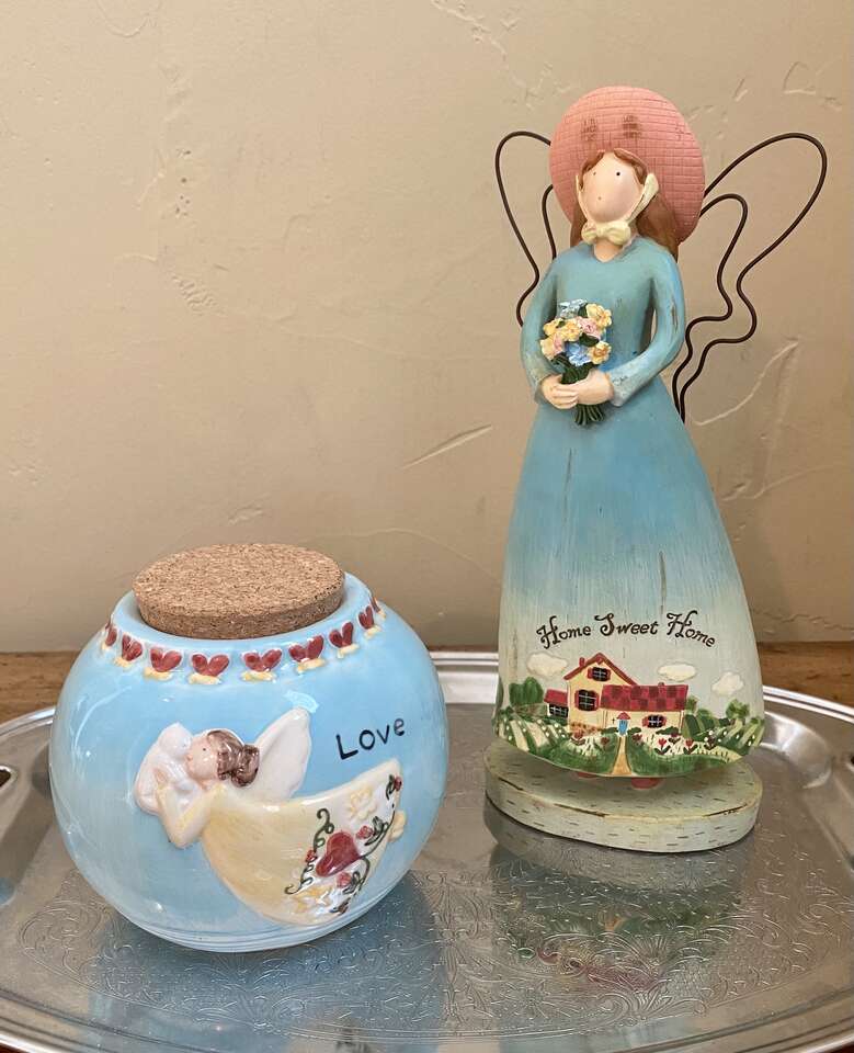 LIKE NEW - Angels in Blue - Tall Wooden Angel + Ceramic Angel Jar w/ Lid - Very NICE - C ALL PIX