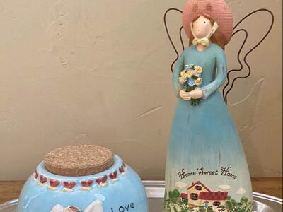LIKE NEW - Angels in Blue - Tall Wooden Angel + Ceramic Angel Jar w/ Lid - Very NICE - C ALL PIX
