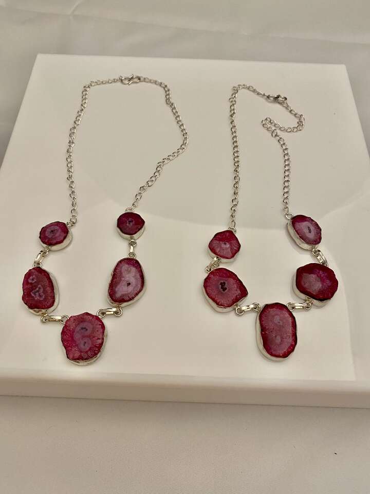 NEW - Beautiful Natural Fuchsia Stone Necklace Set into Silver Custom Settings - See Photos For Details