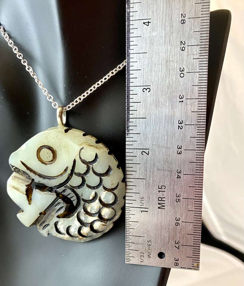 NEW - Large 2.25 inch Engraved Detailed Fish PENDANT on A Thick Natural Stone - Light Green - C PIX