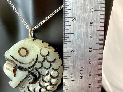 NEW - Large 2.25 inch Engraved Detailed Fish PENDANT on A Thick Natural Stone - Light Green - C PIX