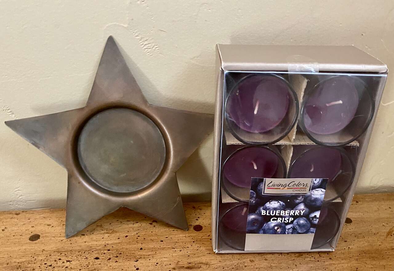 Vintage Copper/Bronze Metal Star Holder PLUS Six Blueberry Crisp Scented Candle Cups From India- C PIX