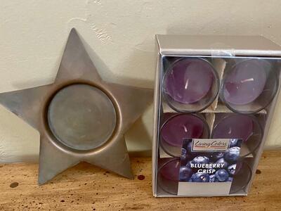 Vintage Copper/Bronze Metal Star Holder PLUS Six Blueberry Crisp Scented Candle Cups From India- C PIX
