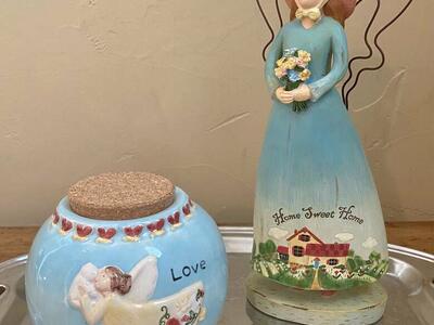 LIKE NEW - Angels in Blue - Tall Wooden Angel + Ceramic Angel Jar w/ Lid - Very NICE - C ALL PIX