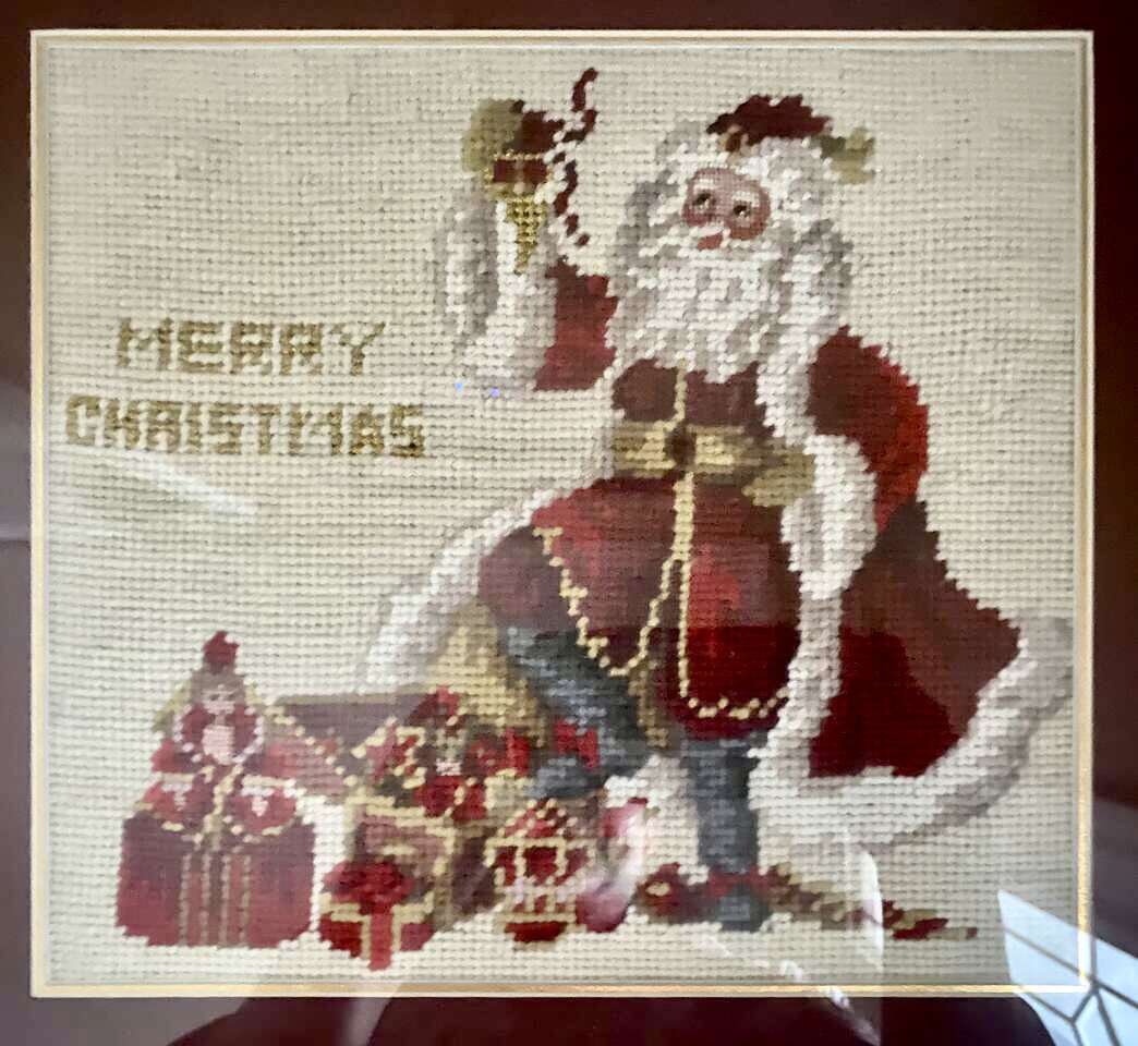 New LARGE BEAUTIFUL OLD FASHIONED SANTA- Needlepoint and Beautifully Matted and Framed 14x14 C PIX.