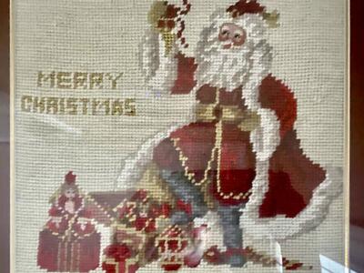 New LARGE BEAUTIFUL OLD FASHIONED SANTA- Needlepoint and Beautifully Matted and Framed 14x14 C PIX.