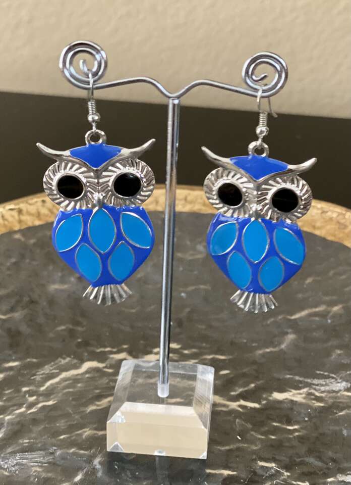 NEW Adorable Blue And Silver Enamel OWL Earrings - They are Eye Catching And FUN - C ALL PICS