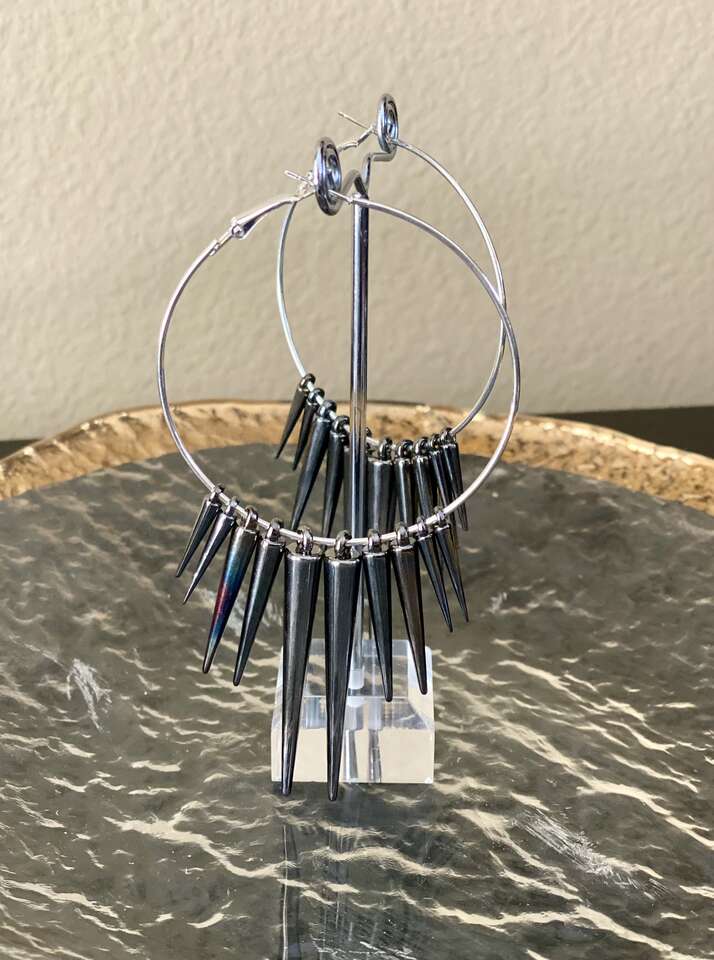 NEW - Large Silver Hoop Earrings w/ Gunmetal Spikes - Retro Fun - See All Photos