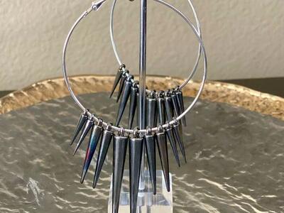 NEW - Large Silver Hoop Earrings w/ Gunmetal Spikes - Retro Fun - See All Photos