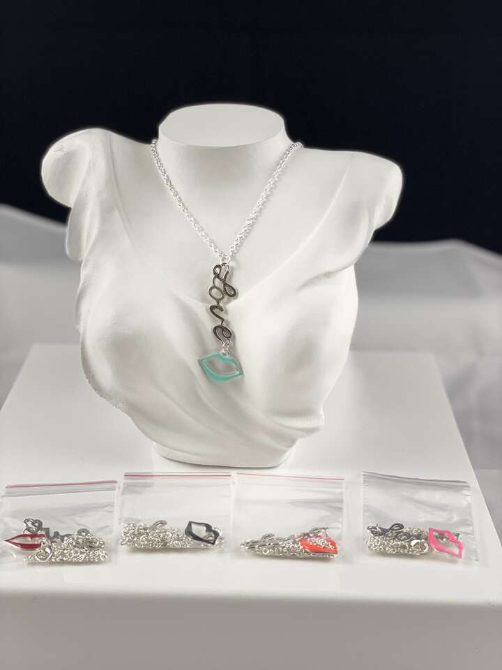 NEW - LOVE Necklace With Cute Enamel Lips - Choose Your Color - Included Silver Plated Chain - C PIX