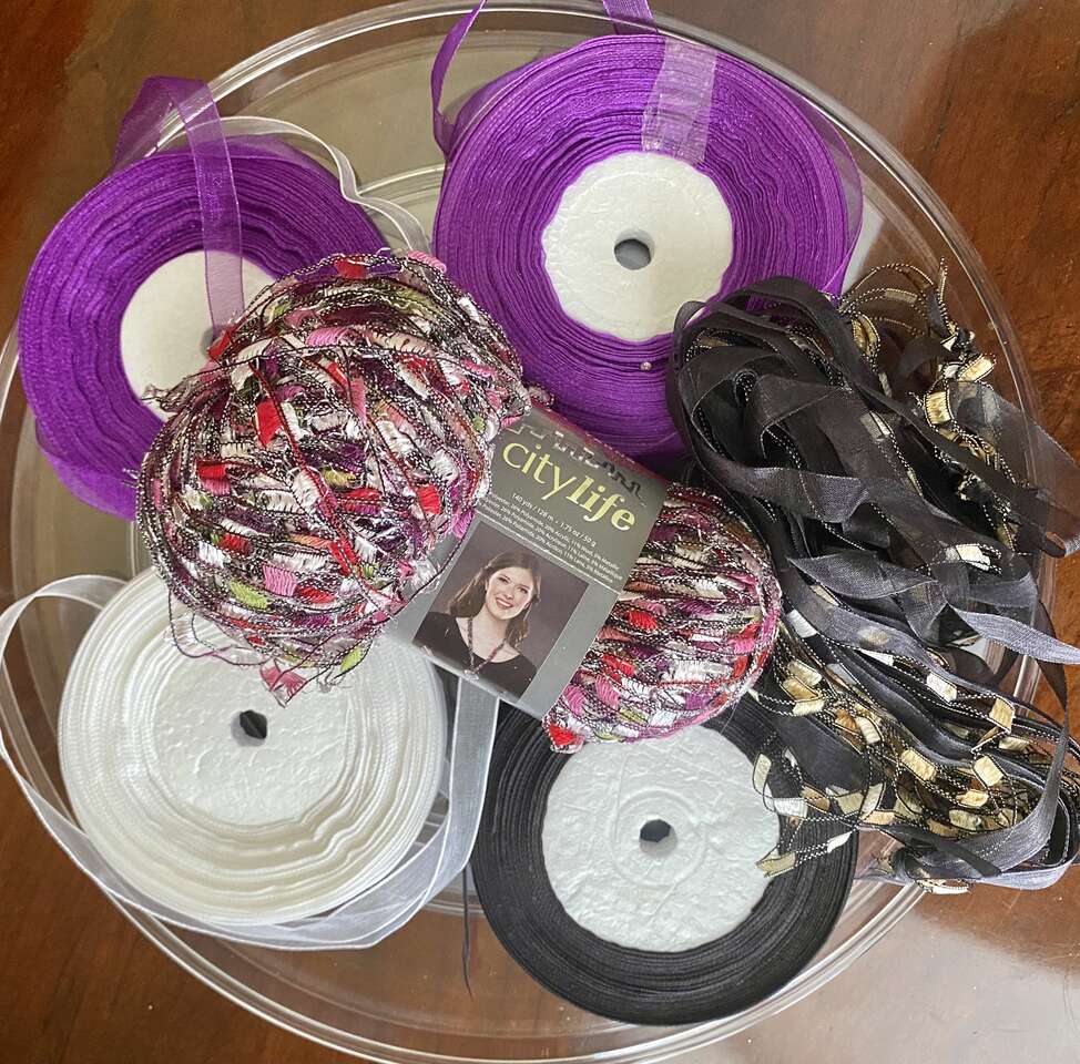 NEW - 4 Large Spools Of Organza Ribbon - Purple - White - Black - A Skein Of Multi Color + A Mix