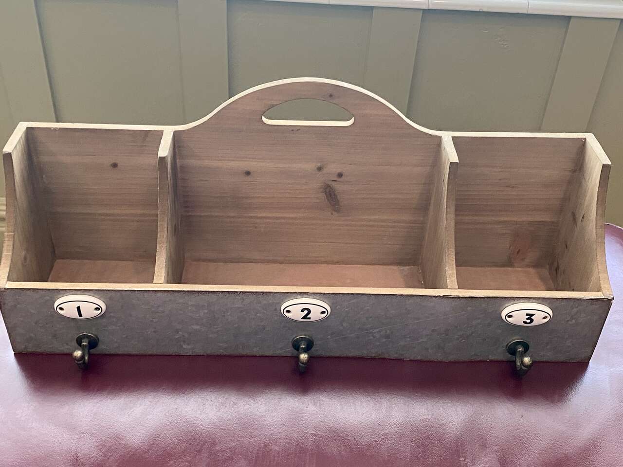 LARGE Wooden Wall Pocket W/ Galvanized Metal- Porcelain Numbers - And Hooks - See All Photos