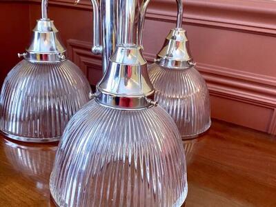 Beautiful Vintage Stainless Steel 3 Cup Hanging Light Fixture - Ribbed Glass - See Photos