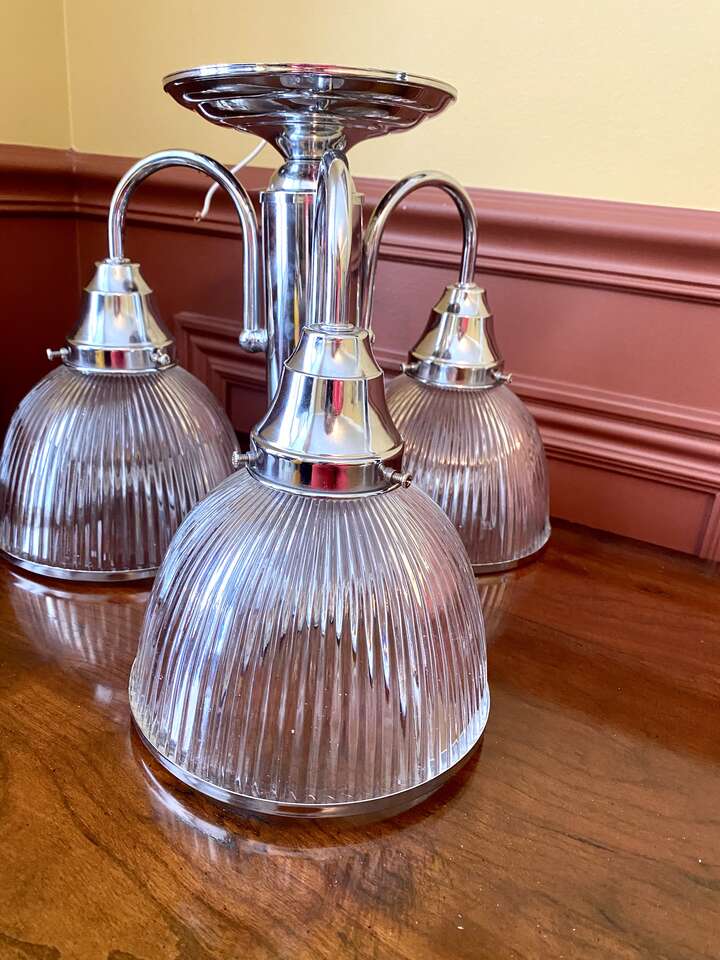 Beautiful Vintage Stainless Steel 3 Cup Hanging Light Fixture - Ribbed Glass - See All Photos