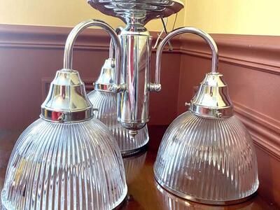 Beautiful Vintage Stainless Steel 3 Cup Hanging Light Fixture - Ribbed Glass - See All Photos.