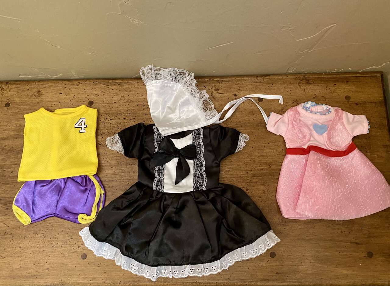 NEW - 18 inch Doll Clothes 3 OUTFITS As Shown - Gym Clothes - Black Dress +Hat -Pink Dress - C PICS
