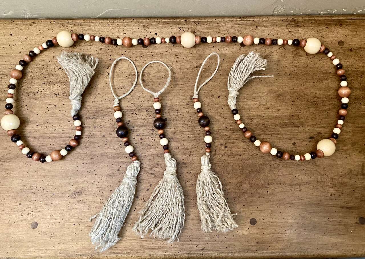 NEW - Wooden Beads + Tassels- Set of 3 11 in. Tassels OR Long Garland 47 in. See Photos 4 Details