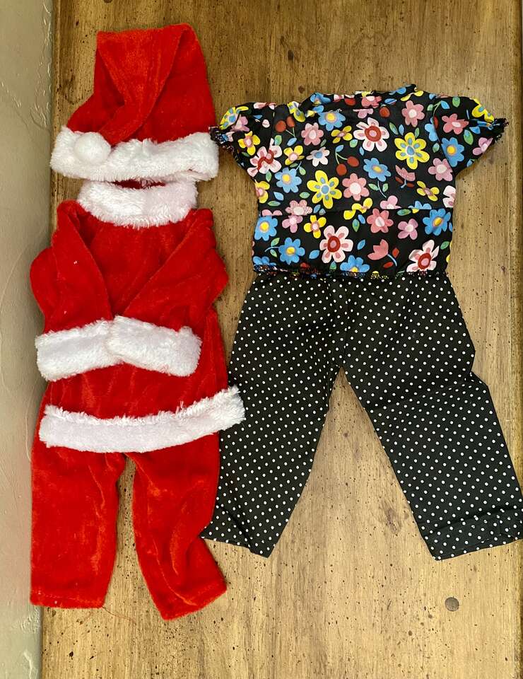 NEW - 18 inch Doll Clothes - 3 Piece Santa Suit + 2 Piece Outfit Black Pants and Floral Top - C PICS