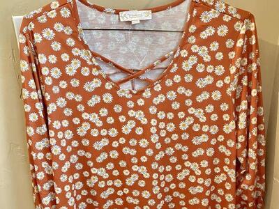 NEW - Susan Betro SZ 1X Tunic With Tiny Daisies Over Soft Brown Fabric -The Crosshatch Detail Makes This Top -C PICS