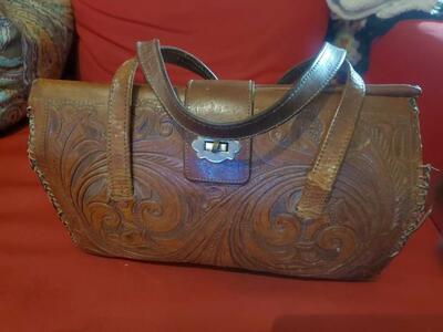 Vintage Tooled Leather Hand Bag Purse Brown