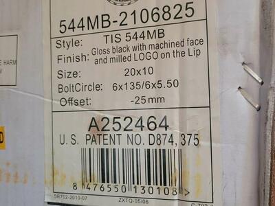 TIS WHEELS 20x10 6X135 544MB Black Wheel Rim, New in Box