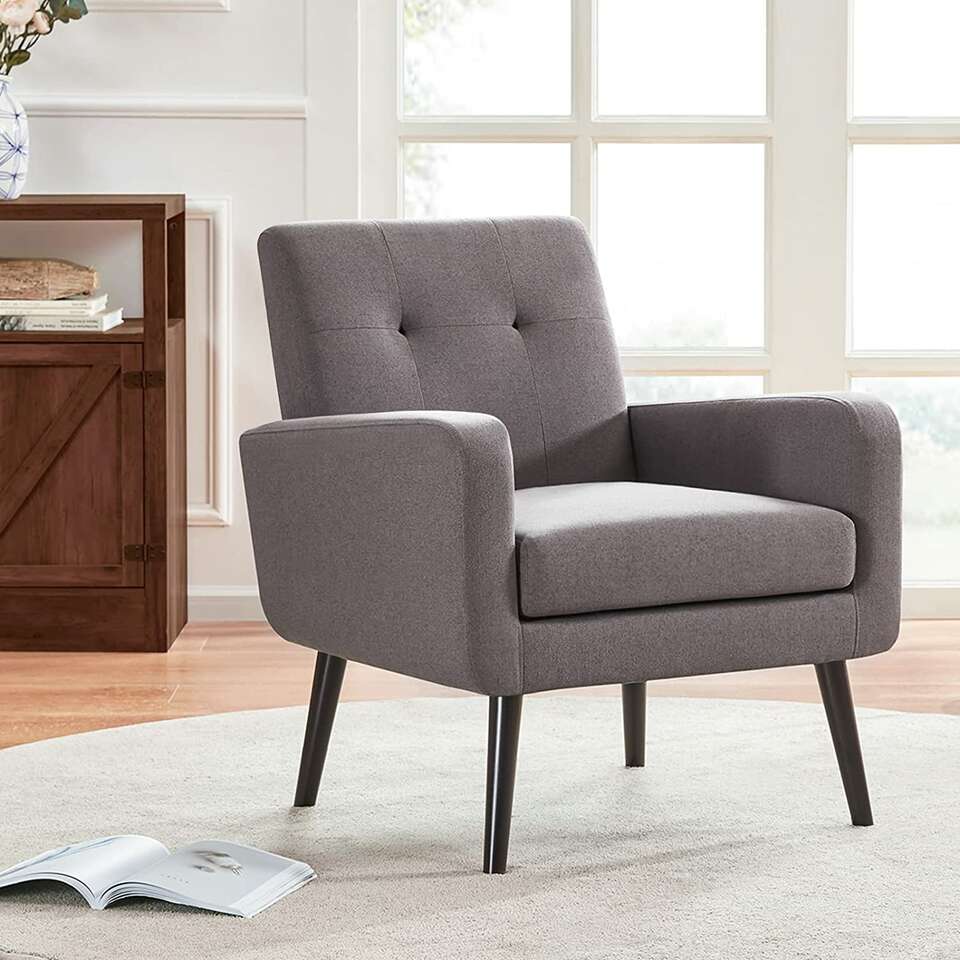 HUIMO Accent Chair, Button Tufted Upholstered Arm Chair, Linen Fabric Sofa (Gray)