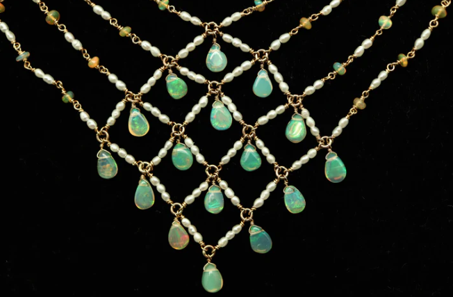 ***HANDCRAFTED LUXURY OPAL, SAPPHIRE, AND PEARL BIB NECKLACE - RV $3500***
