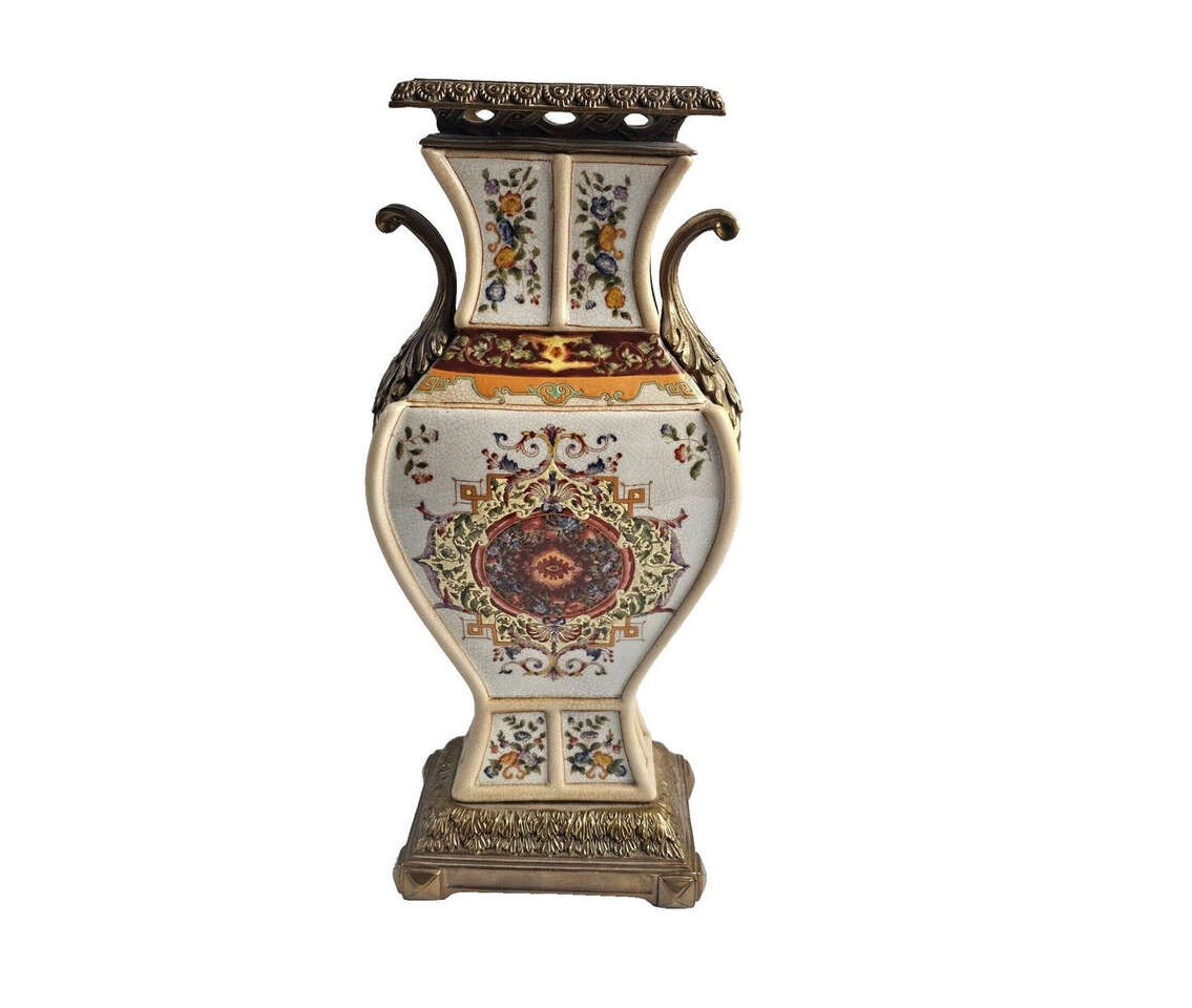 Large Vintage Castilian Porcelain & Brass Vase