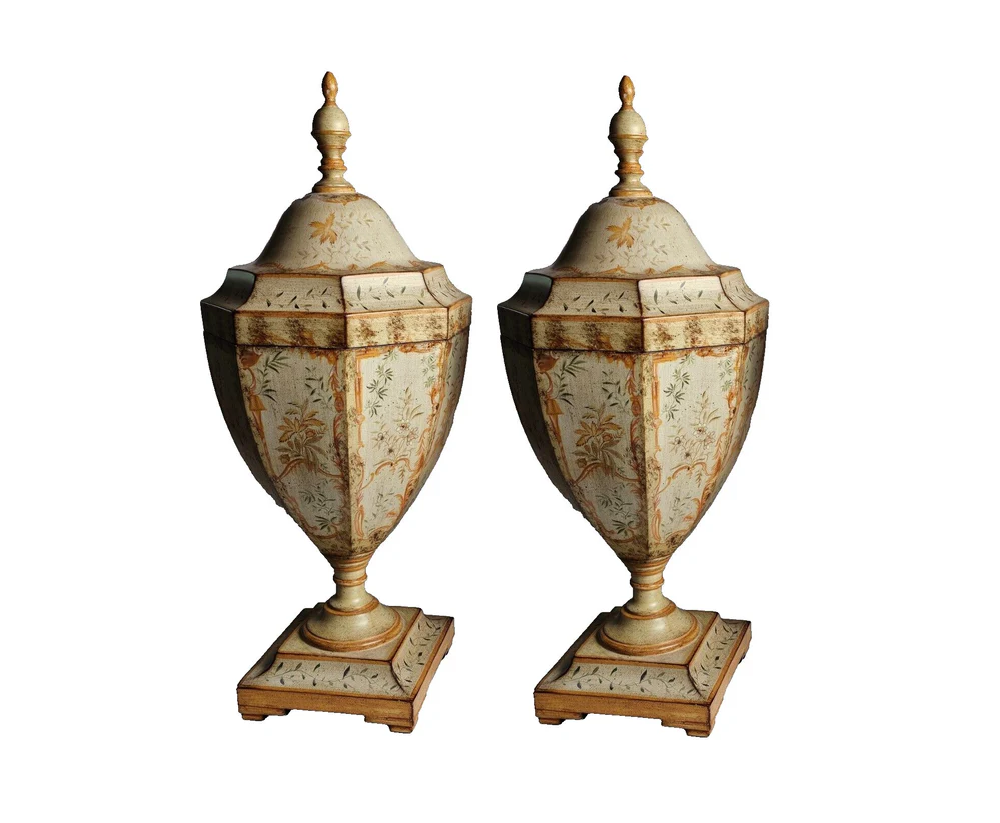 2 Large Vintage, Hand Painted, Lidded Vases, French Country Style