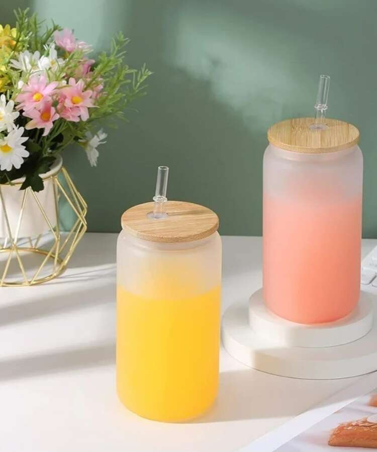 New Set of 4 16oz Frosted Sublimation Glass Blanks Tumblers Mugs w/ Bamboo Lid and Straw