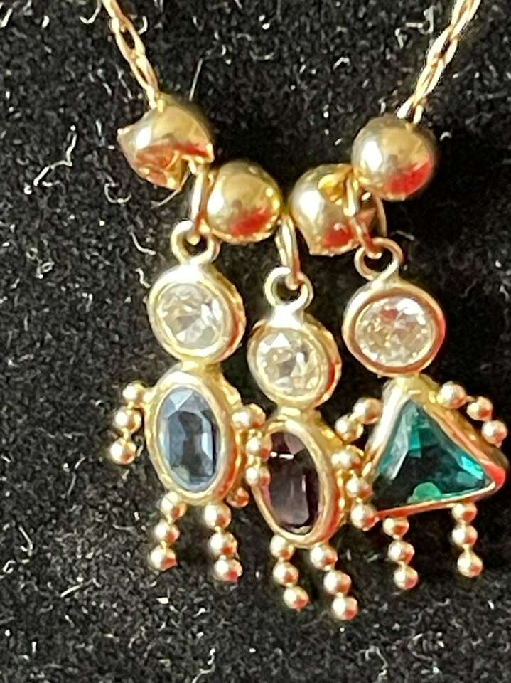 14K Gold Cz. Glass Gems Necklace 27 Inches Long