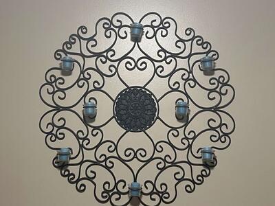 Gorgeous 3 piece metal wall hanging and table piece with holiday candles