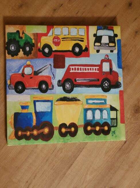 Kids Picture Wall Art Painted Canvas Tractor Train Bus Fire Truck Police 22 inches x 22 inches