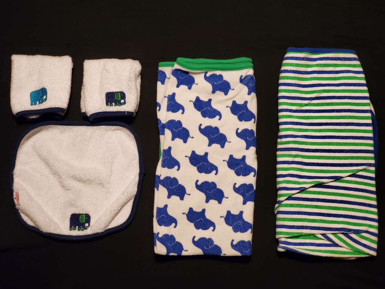 5 pc Baby Bath Set- 3 Wash Clothes white with blue Elephants and 2 Towels, 1 with Blue Elephants and one Blue and Green Stripes