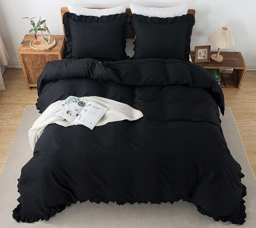 Black Ruffle Duvet Queen Comforter Cover Set Pillowcases Soft Microfiber Bedding