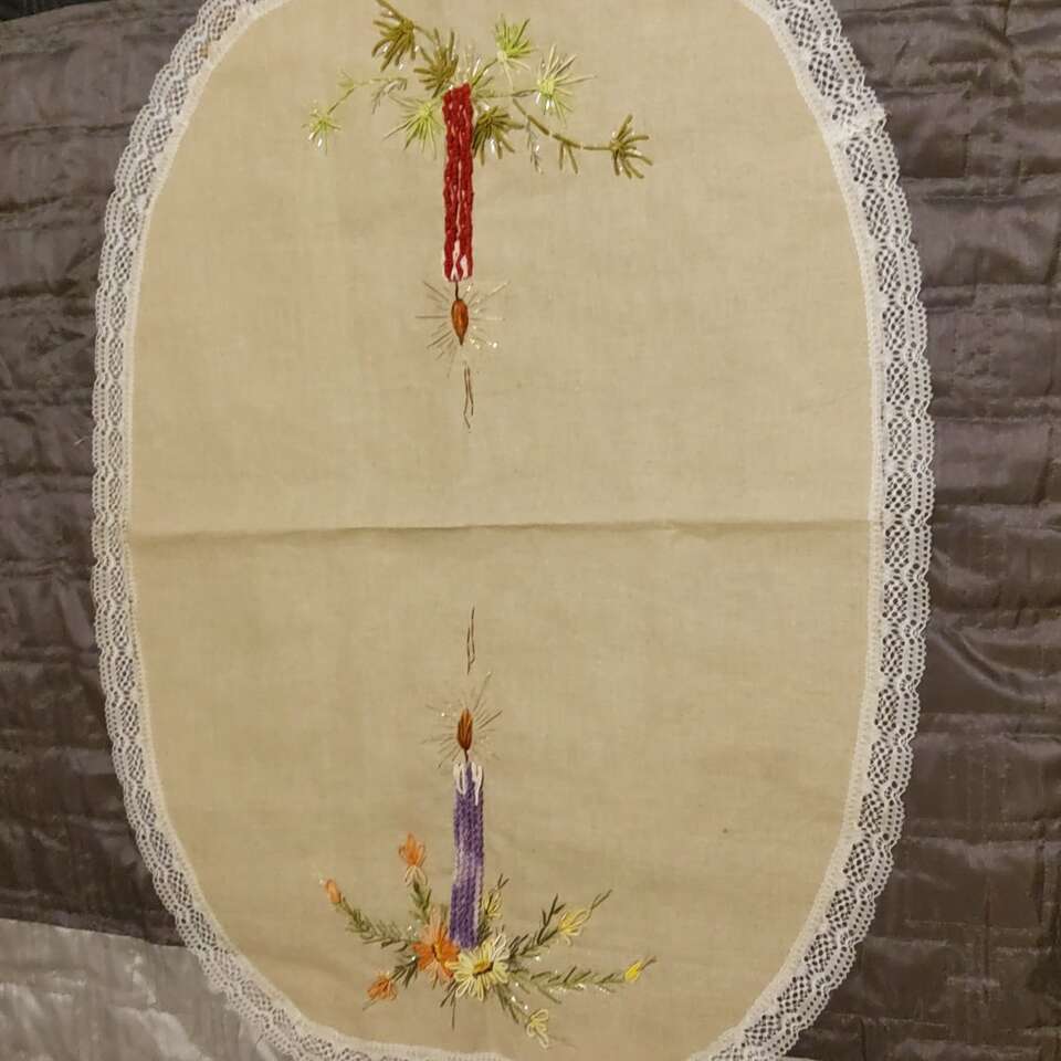 Hand Embroidered Christmas Table Topper/24 x 32"