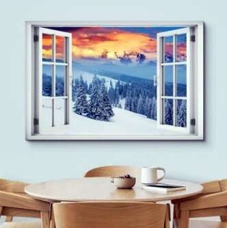 Window Scenery Picture. Window View Winter Wonderland Mountain Pine Trees " 48x32. ph.801-680-2423