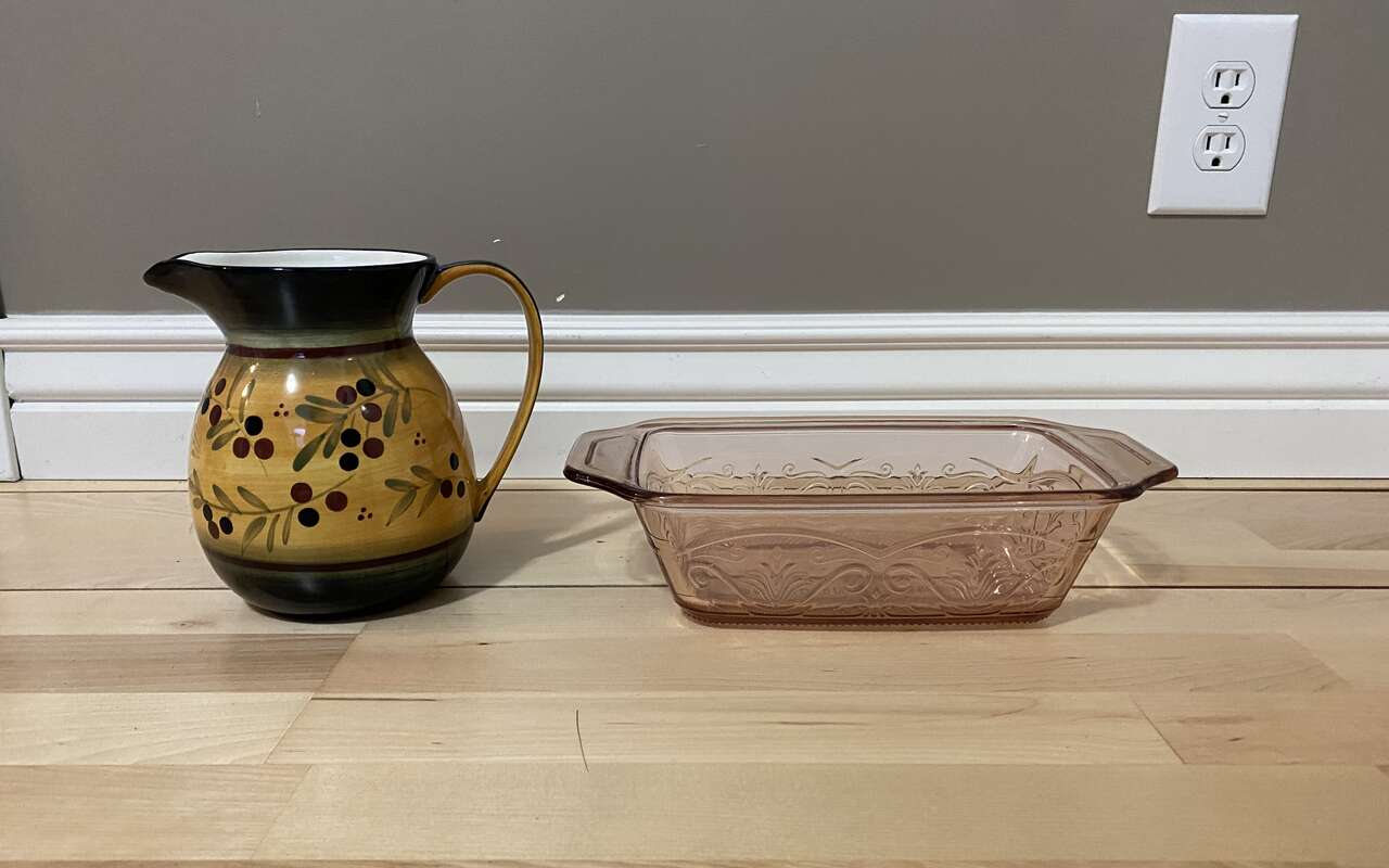 Vintage pink glass etched loaf pan & Pitcher
