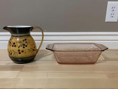Vintage pink glass etched loaf pan & Pitcher