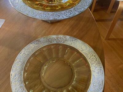 Set of two Yellow Tiffin Glass Silver Encrusted Pedestal Cake Stand and Plate Wedding