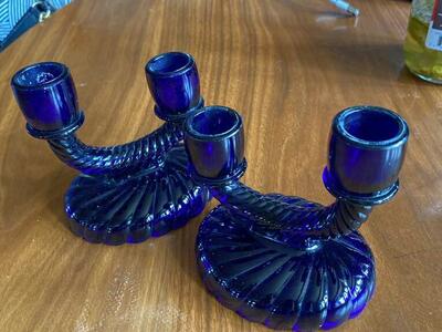 2 VTG. Imperial Glass Cobalt Blue Candle Holder