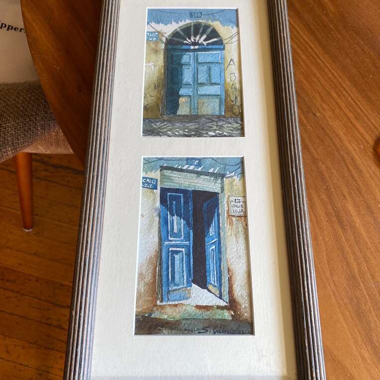 2 Double Frame Watercolor Painting Of Doors Signed