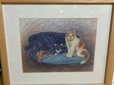 Utah Artist Pastel Painting Cats, Dog Framed