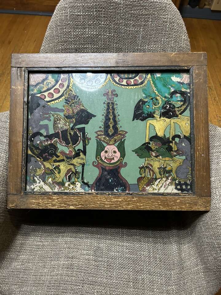 Antique Indonesian Javanese Reverse Painting on Glass with Gilt Old wooden Frame