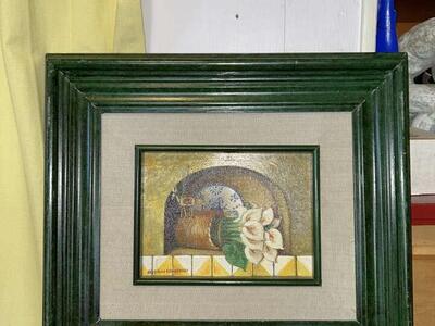 original artist signed oil on canvas still life fireplace lily